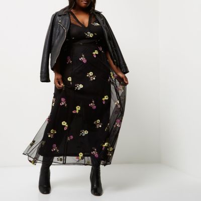 Plus Black floral embroidered maxi dress